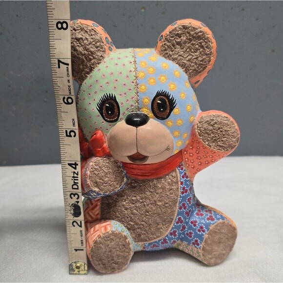 Pottery Patchwork Teddy Bear Figurine Nursery Baby Room Decor Vintage 80s Signed - Picture 7 of 8